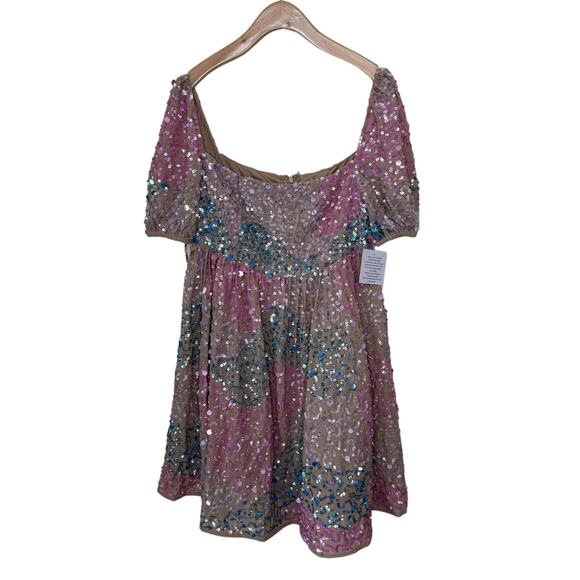 ASOS MAYA DELUXE Puff Sleeve Sequin Mini dress Eras Tour  in Pink Blue 4 - Picture 1 of 9